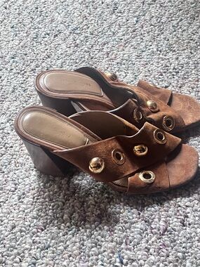 Michael Kors Brown Suede Grommet Block Heel Mules